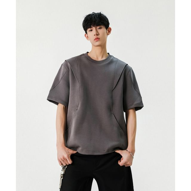 Omozando-Long Sleeve Crew Neck Plain Panel T-Shirt
