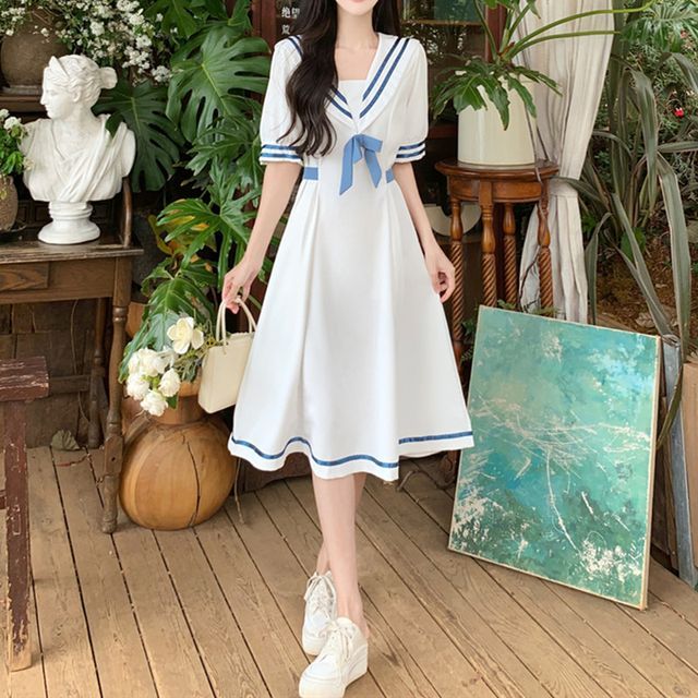 Short-Sleeve Sailor Collar A-Line Dress Short-Sleeve Sailor Collar A-Line Dress