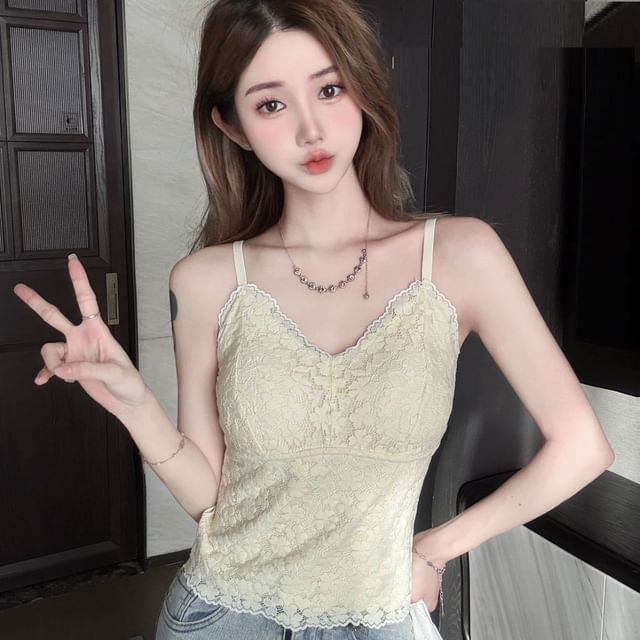 Wildery-V-Neck Padded Lace Crop Cami Top