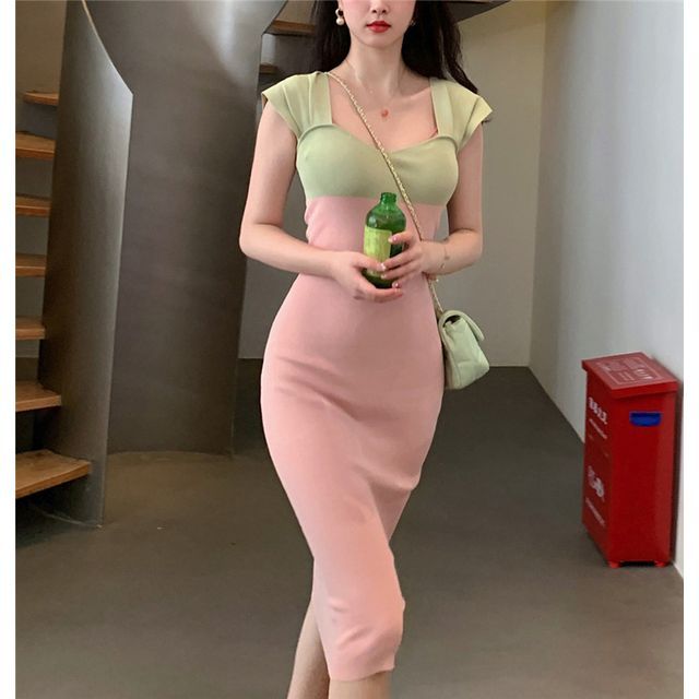 YUNBO - Sleeveless Two-Tone Midi Bodycon Dress | YesStyle