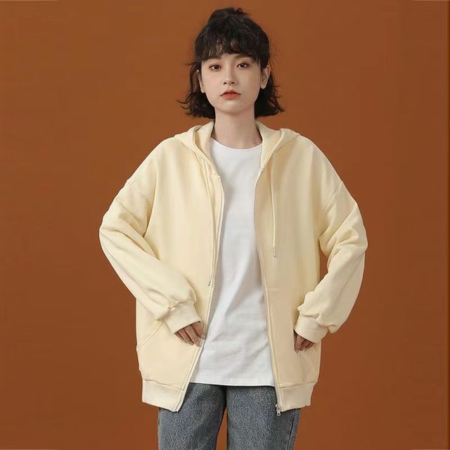 Everose-Plain Zip Hoodie