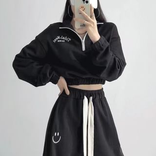 Dovitade Set: Collar Lettering Embroidered Half-Zip Cropped Sweatshirt + Drawstring Waist Smiley Face