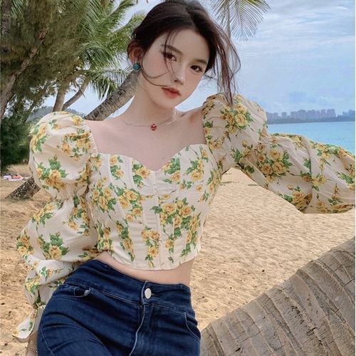 Strawolf - Long-Sleeve Off Shoulder Floral Print Crop Blouse