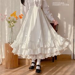 Pachelbel - Lace Trim Midi A-Line Skirt / Plain Shirt