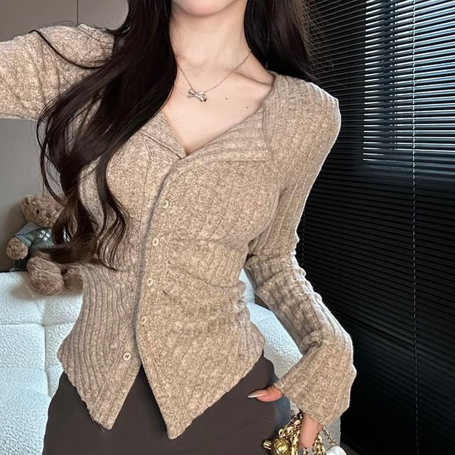 Sienne-Long Sleeve Open Placket Melange Button Ribbed Knit Top