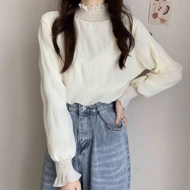 Sisyphi-Puff-Sleeve Mock Neck Plain Blouse