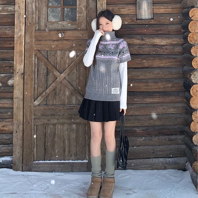 Closette Short-Sleeve Turtleneck Jacquard Sweater Vest Mini