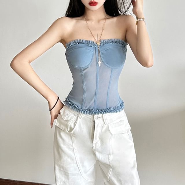 Bababy-Strapless Plain Ruffle Mesh Bustier Top