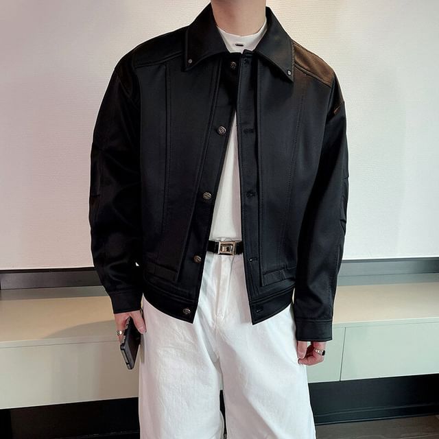 Orungeetun-Collared Plain Panel Button Jacket