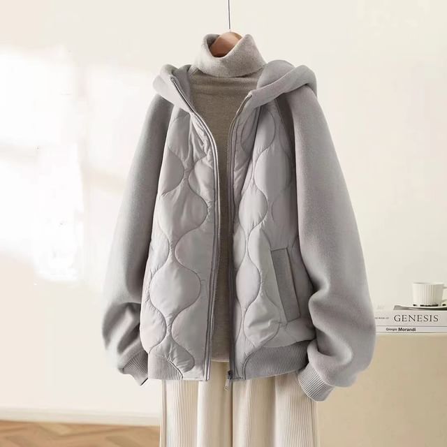 INEN-Hooded Plain Zip Up Quilted Jacket