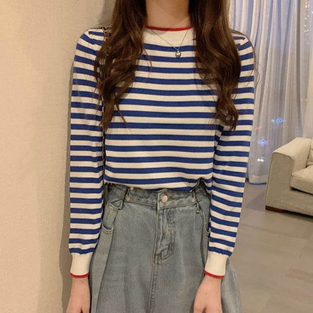 Sisyphi-Long-Sleeve Mock Neck Striped Knit Top