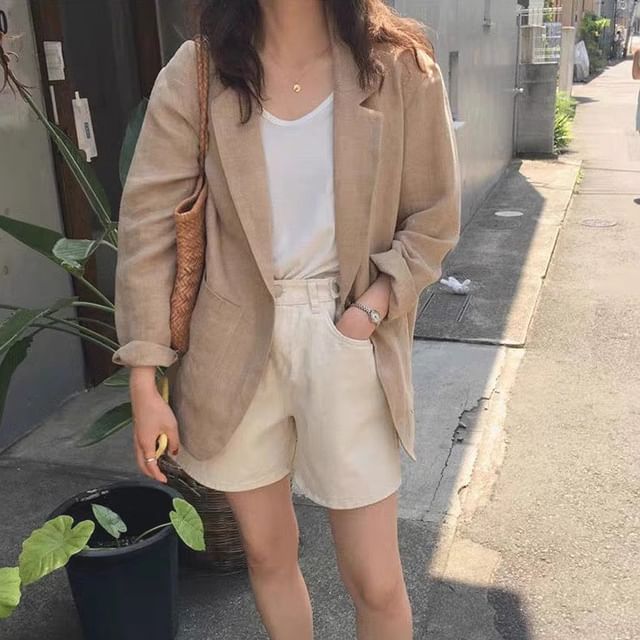 MIKIGA-Notch Lapel Plain One-Buttoned Blazer