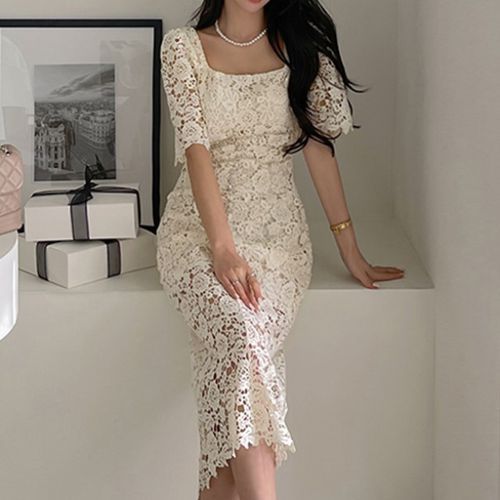 chinese dress ladies Generic Women's Floral Lace Mini Dress Korean Style Short Sleeve Prom Dress,  X-Small at Amazon Women's Clothing store