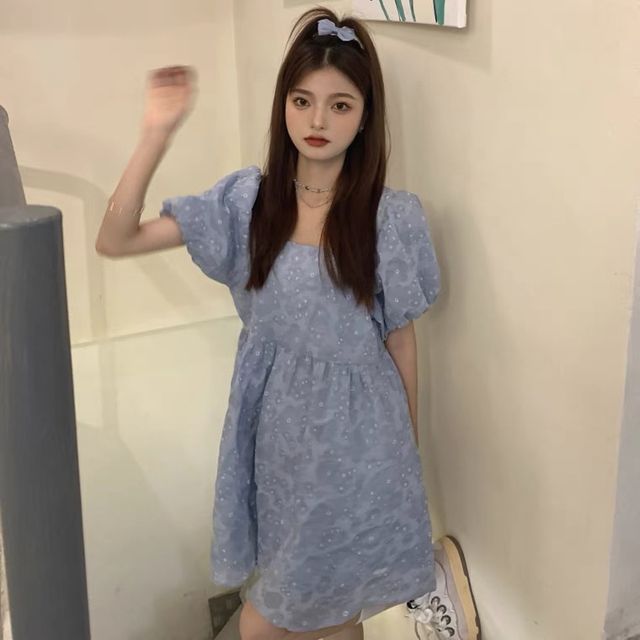Everose-Puff Sleeve Square-Neck Mini A-Line Dress