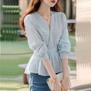 Everose-34-Sleeve V-Neck Plain Blouse