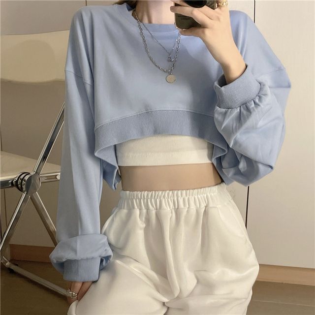 Yako - Oversized Long-Sleeve Cropped Sweatshirt | YesStyle