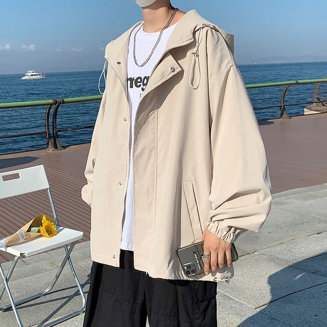 Whyessa-Plain Drawstring Hooded Jacket