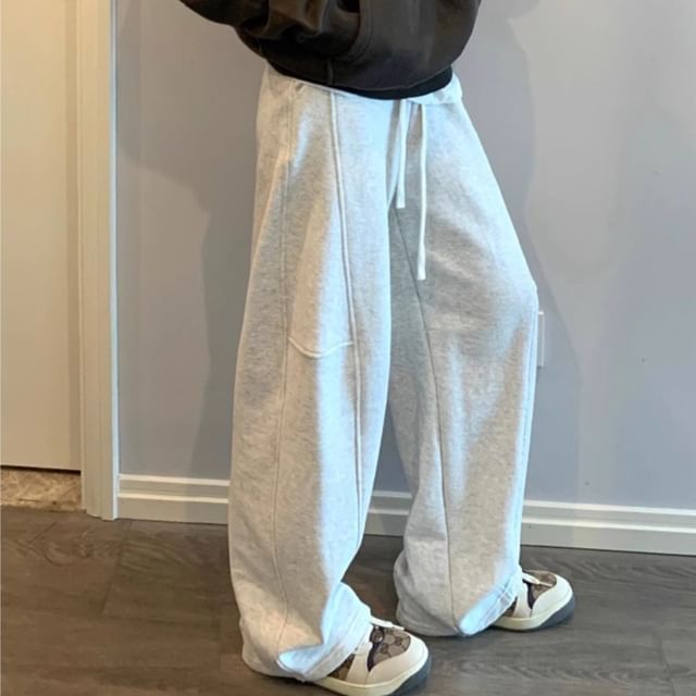 Iduna-Drawstring Waist Plain Baggy Pants