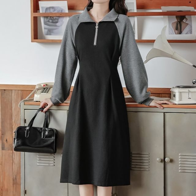 Collared Raglan Half-Zip Midi A-Line Sweatshirt Dress Collared Raglan Half-Zip Midi A-Line Sweatshirt Dress