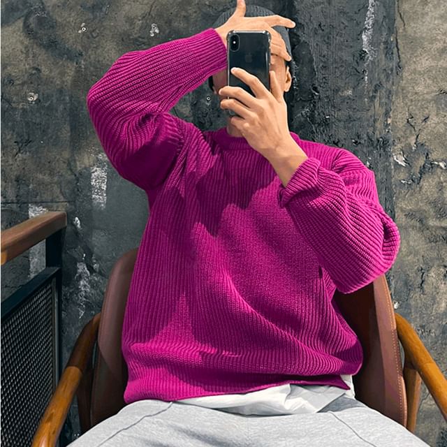 SeoulPop-Plain Round Neck Sweater