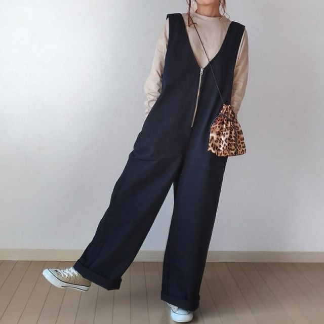 Supernova-V-Neck Plain Half-Zip Wide Leg Jumper Pants