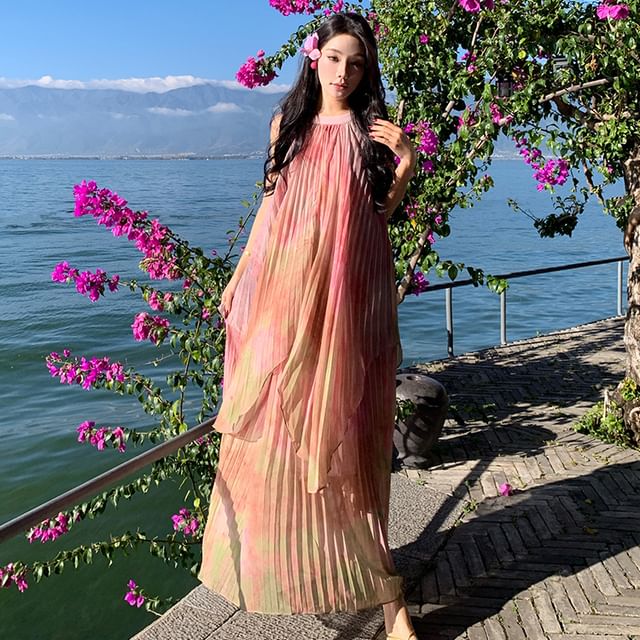 chinese dress ladies Vintage 1970s Dusty Pink Accordion Pleated Maxi Dress