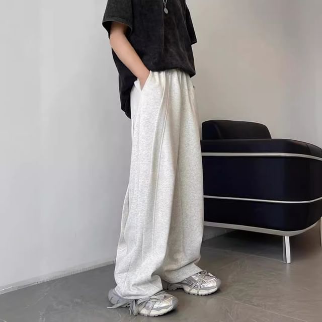 Myanderthal-Drawstring Waist Plain Wide Leg Pants