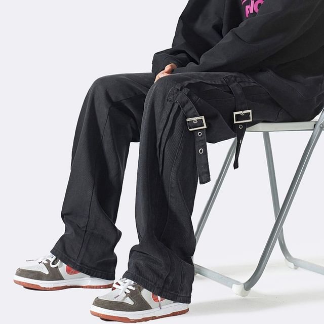 Urtishia-Mid Rise Plain Buckled Straight Leg Pants