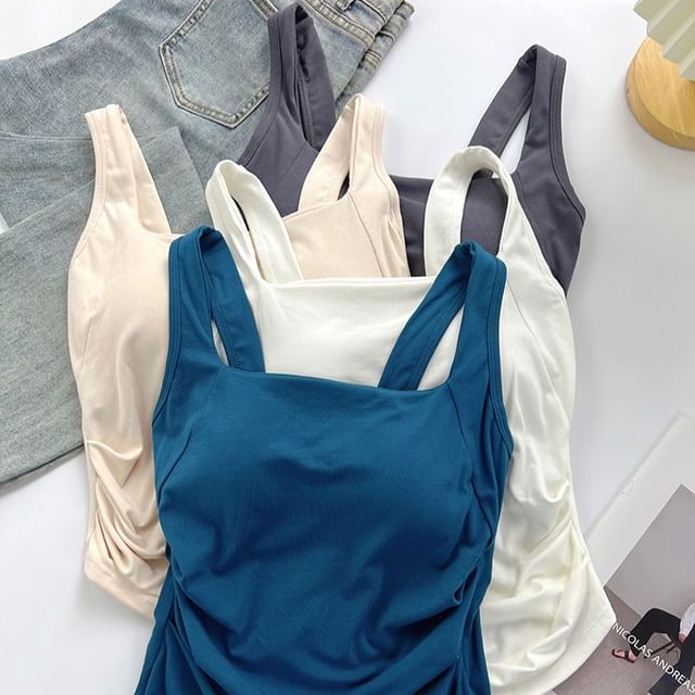 DIYI-Square Neck Plain Ruched Crop Tank Top