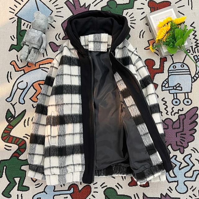 Trimecca-Hooded Plaid Zip-Up Jacket