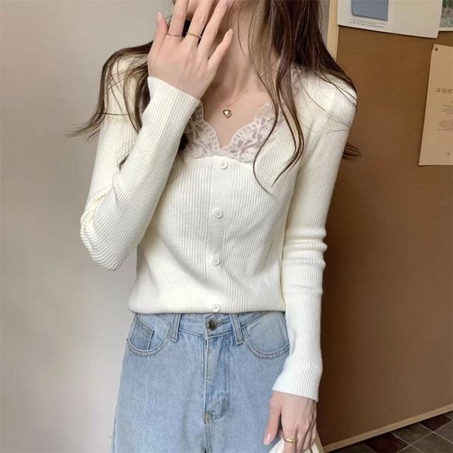 ISSOL-Long-Sleeve V-Neck Lace Panel Button Ribbed Knit Top