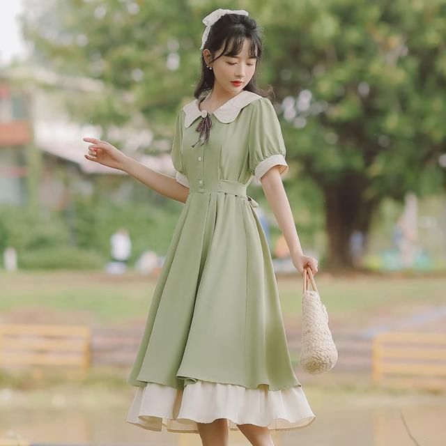 green emerald velvet dress Vintage Peter Pan collar dress main image 1