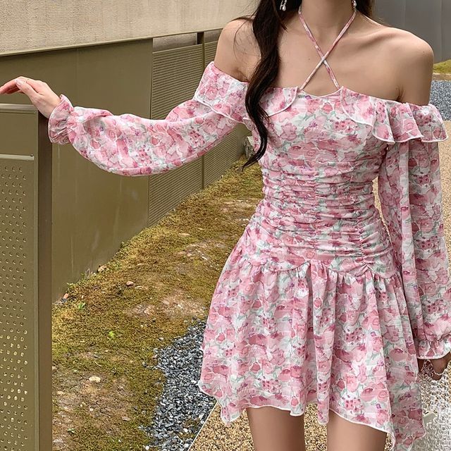 knee length dresses for ladies Dyer Sheer Sleeve Mini Dress Pink Floral