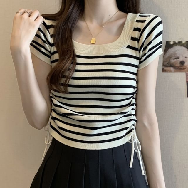 Striinkie-Short Sleeve Striped Side-Drawstring Knit Top