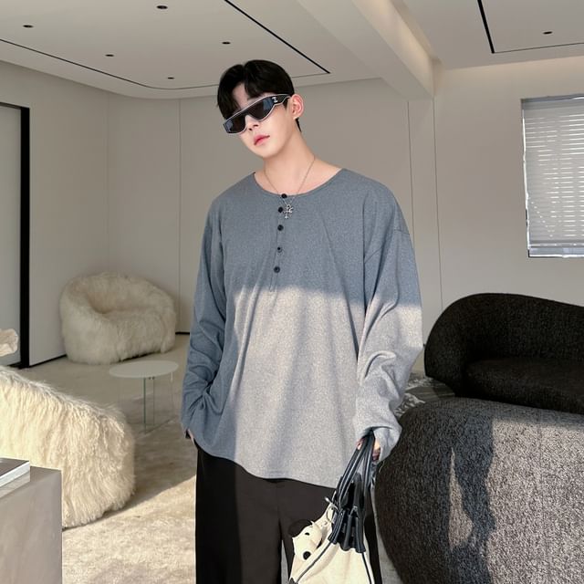 ravewider-Long-Sleeve Half Buttoned Plain T-Shirt