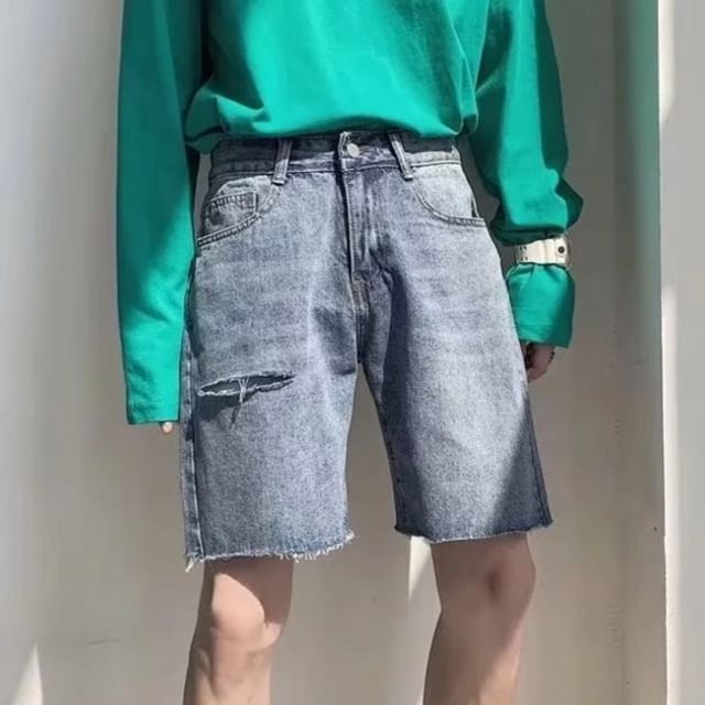 POSI-Distressed Wide-Leg Denim Shorts