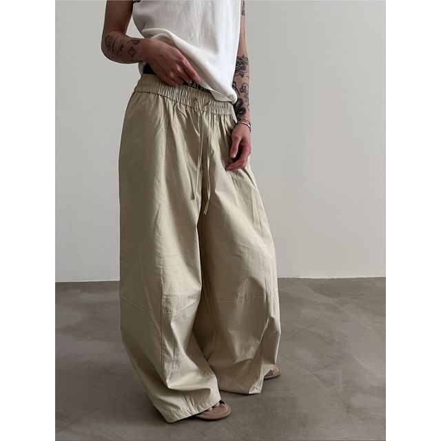 Nahagin-Drawstring Waist Plain Wide Leg Pants