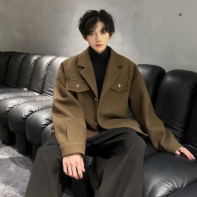 Freehop-Collared Plain Button Jacket