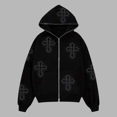 Rhinestone Cross Zip-Up Hoodie