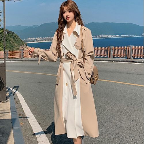 Ariadne - Double Breasted Two Tone Long Trench Coat | YesStyle