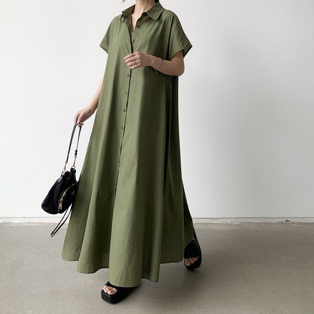 INEN - Short-Sleeve Collared Plain Maxi A-Line Shirt Dress | YesStyle
