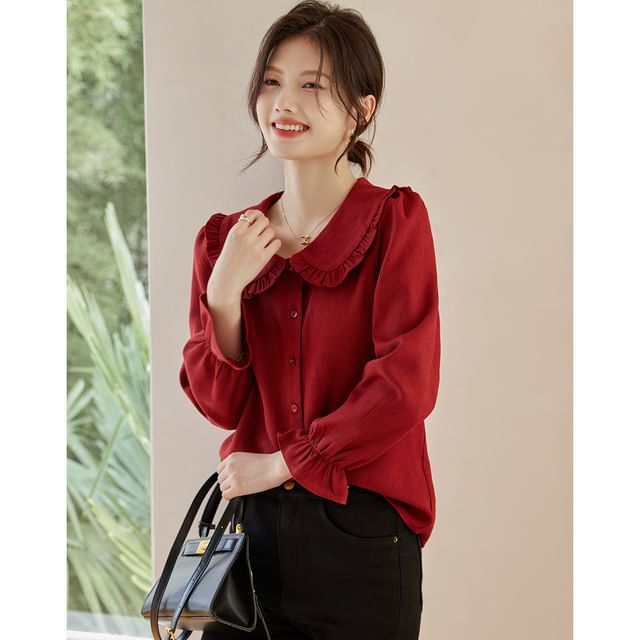 Jeonseon-Elbow-Sleeve Collared Plain Blouse