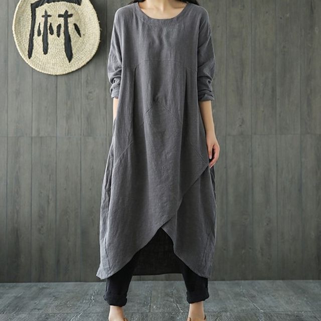 Hanji - Long-Sleeve Irregular Midi A-Line Linen Blend Dress | YesStyle