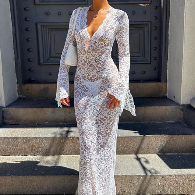 see through flowy dress Dramatic Long-Bell-Sleeve Long Formal Dress main image 0