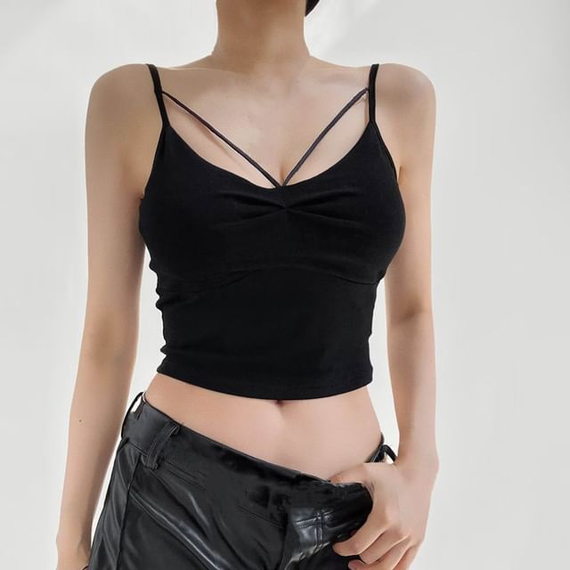Hollahop-V-Neck Plain Ruched Crop Camisole Top