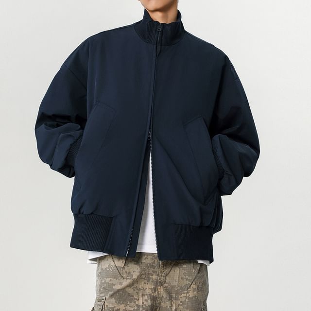 Omozando-Stand Collar Plain Zip Jacket