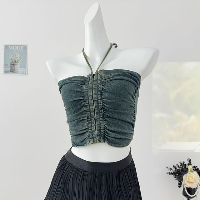 Lemongrass-Washed Denim Ruched Halter Top
