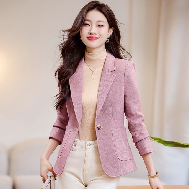 Skyheart-Lapel Collar Plain Single-Button Blazer