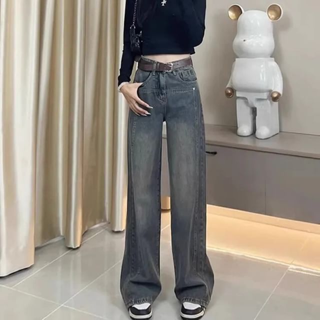 Happo-Mid Rise Washed Wide Leg Jeans