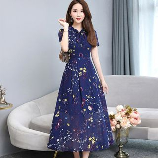 Rosehedge - Short-Sleeve Galaxy Print Chiffon A-Line Dress